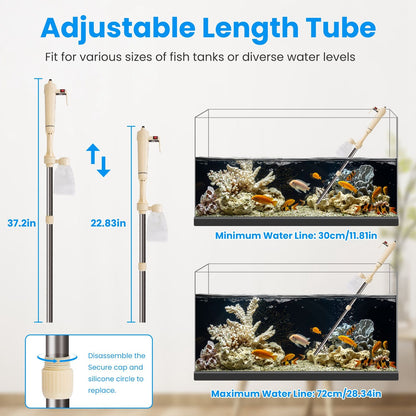 Adjustable extension tube infographic showing long and short lengths and tank water line limits