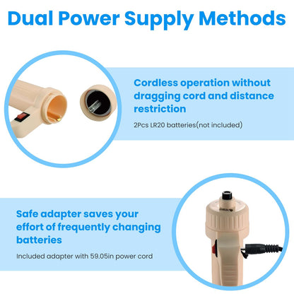 Close-ups of battery compartment in handle and included AC adapter for dual power operation