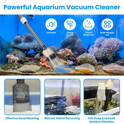Gravel vacuum head cleaning aquarium substrate with suction and debris removal visuals