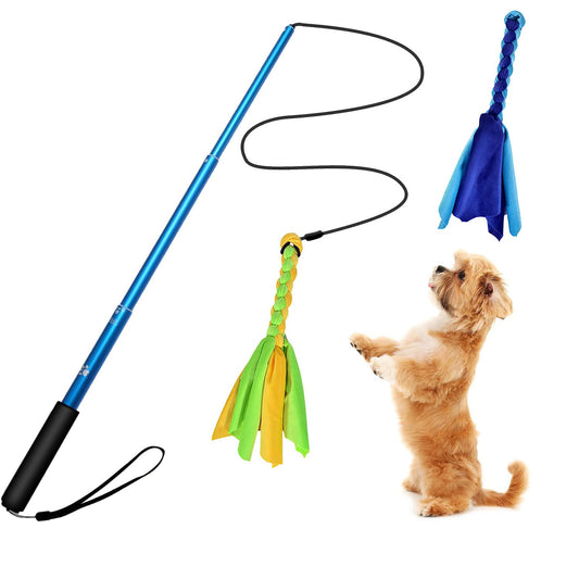 Blue extendable flirt pole with braided green-yellow plush tail and rope shown with small dog for scale