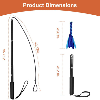 Dimension diagram showing pole length 10.23–26.77 in, rope 42.52 in and tail toy length 14.96 in