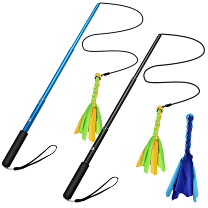 Two color options of the extendable flirt pole in blue and black with two braided plush tail toys shown side by side