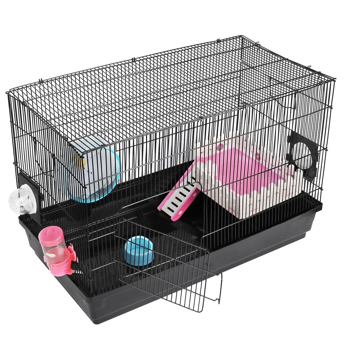 Three-quarter view of cage with open side door, interior ramp, food bowl and wheel