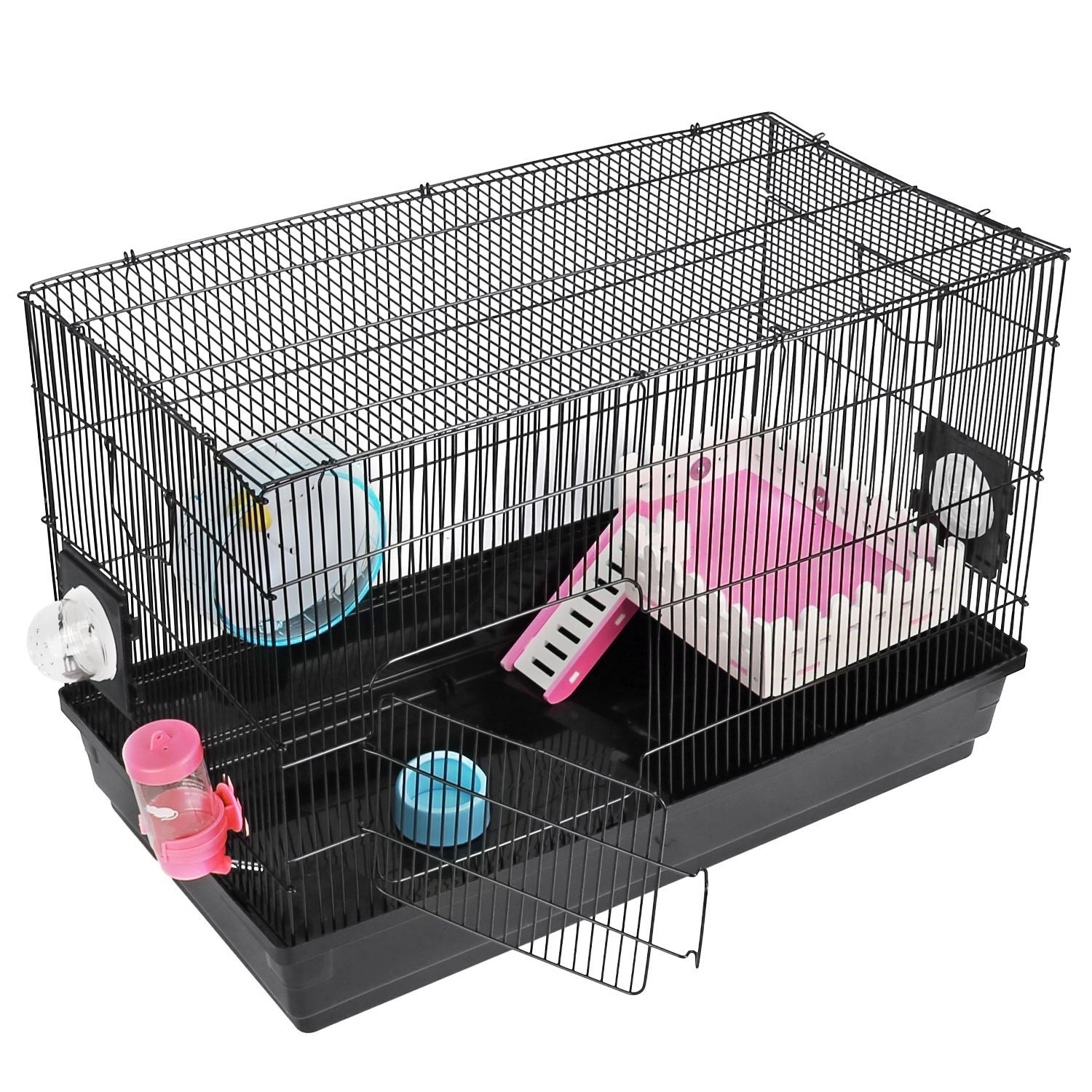 Three-quarter view of cage with open side door, interior ramp, food bowl and wheel