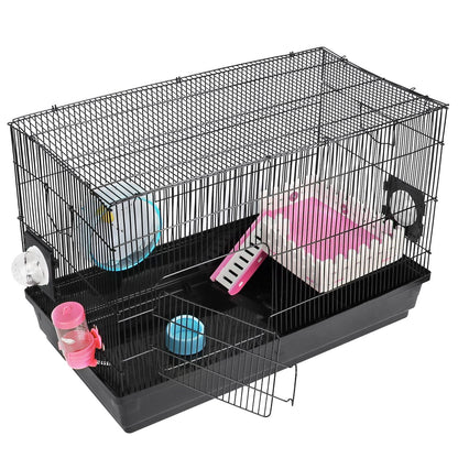 Three-quarter view of cage with open side door, interior ramp, food bowl and wheel