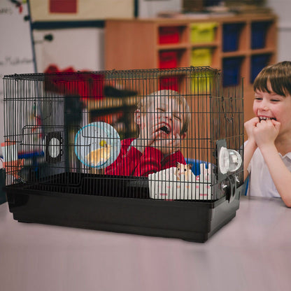 Angled cage on tabletop showing side bubble port, running wheel, water bottle and platform