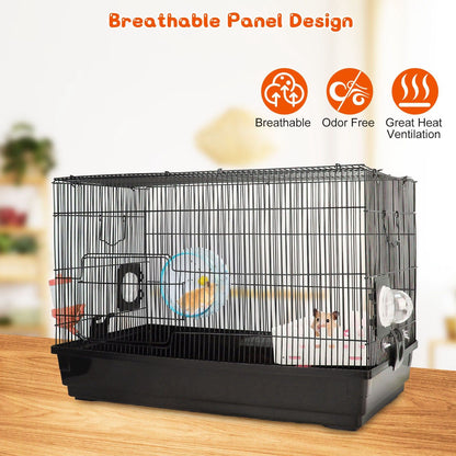 Hamster cage on a table showing breathable black wire panels and deep plastic base