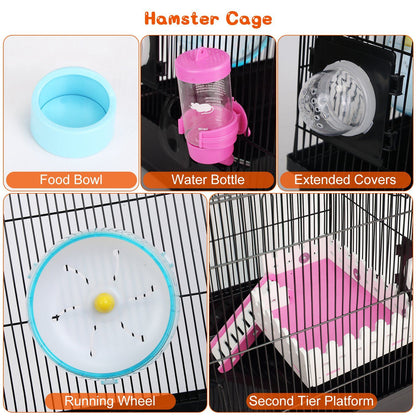 Close-up collage of food bowl, water bottle, extended cover, running wheel, and platform