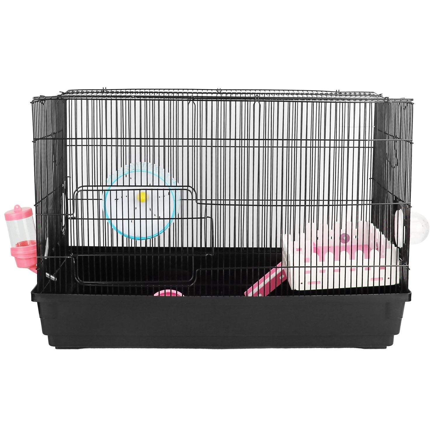 Plain front-on studio shot of the assembled two-tier hamster cage with accessories