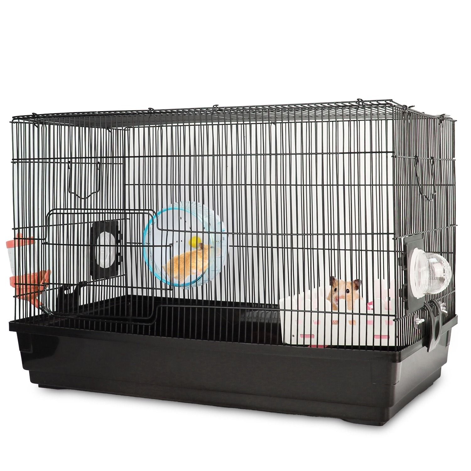Black two-tier wire hamster cage with plastic base, wheel and platform