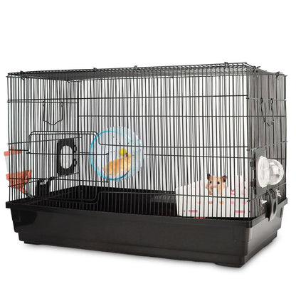 Black two-tier wire hamster cage with plastic base, wheel and platform
