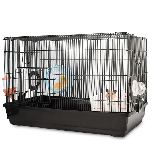 Black two-tier wire hamster cage with plastic base, wheel and platform