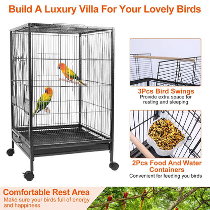 Bird cage with wide top opening, three wooden perches and included food containers shown on white background