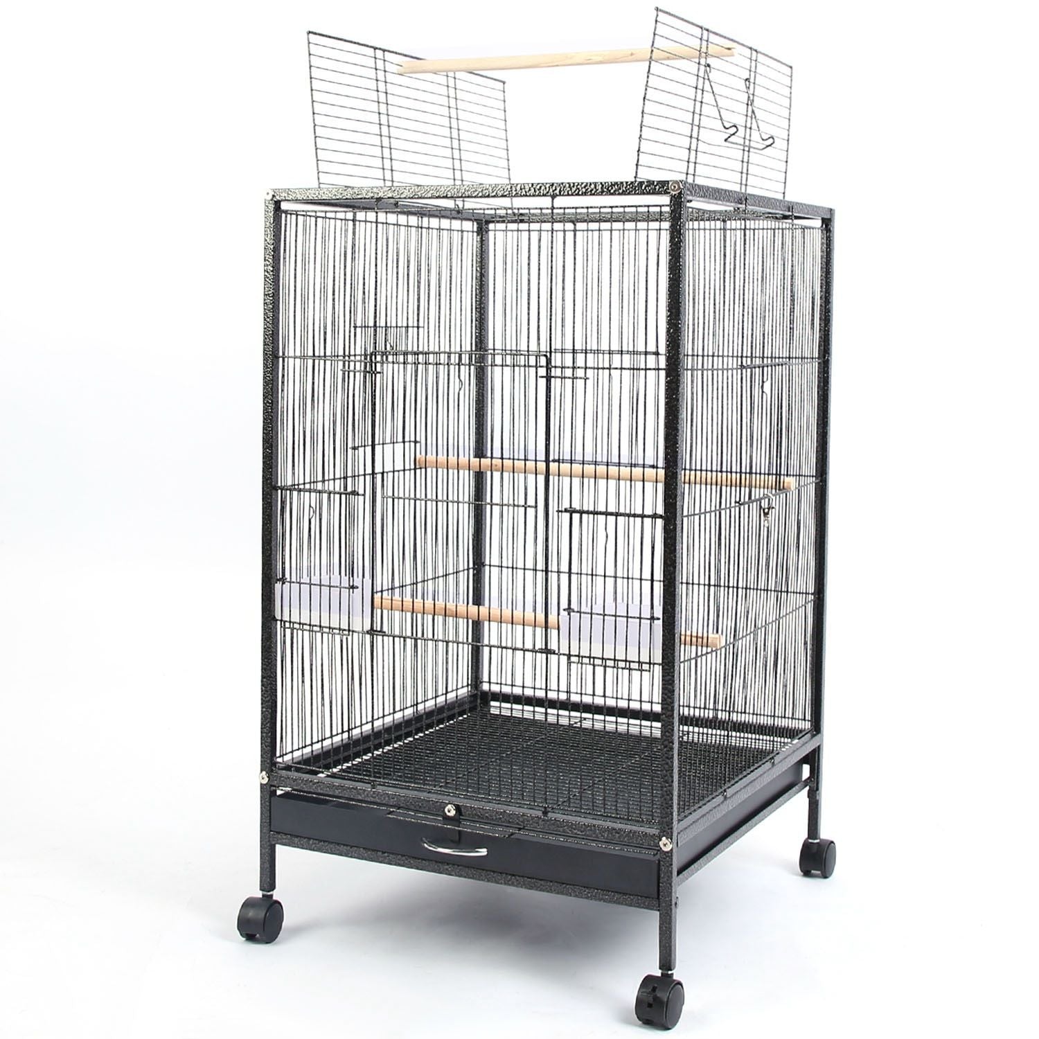 Empty black wrought-iron bird cage on rolling stand with raised top opening and wooden perches