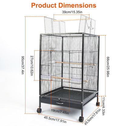 Dimensioned diagram of bird cage with measurements and top opening shown on rolling stand