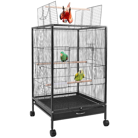 Black wrought-iron bird cage with perches, bottom tray, caster wheels and birds inside