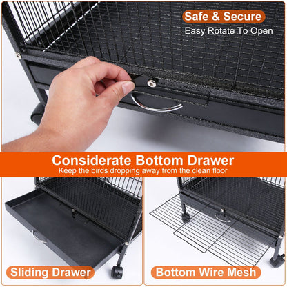 Hand opening sliding bottom tray and removable wire mesh on bird cage for easy cleaning