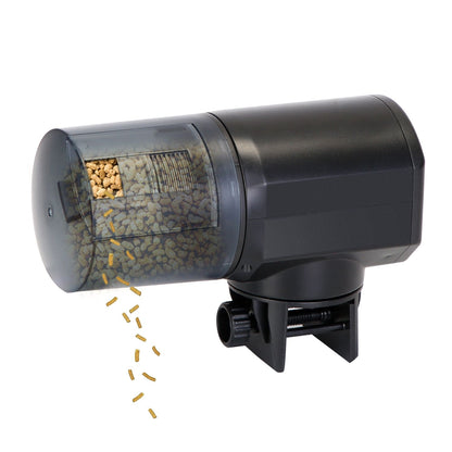 Angled studio shot of feeder dispensing pellets with transparent tank and visible clamp base