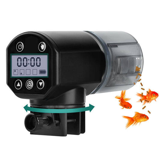 Angled close-up of fish feeder with LCD screen, buttons, rotatable base and transparent food tank