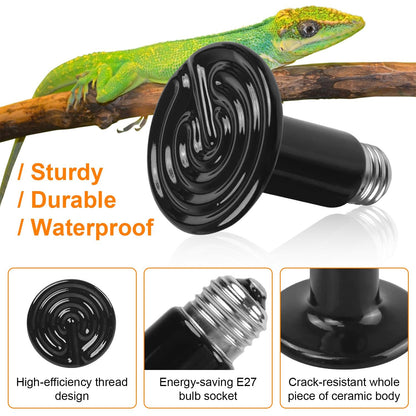 Black ceramic heat lamp shown angled with E27 thread socket and flat base