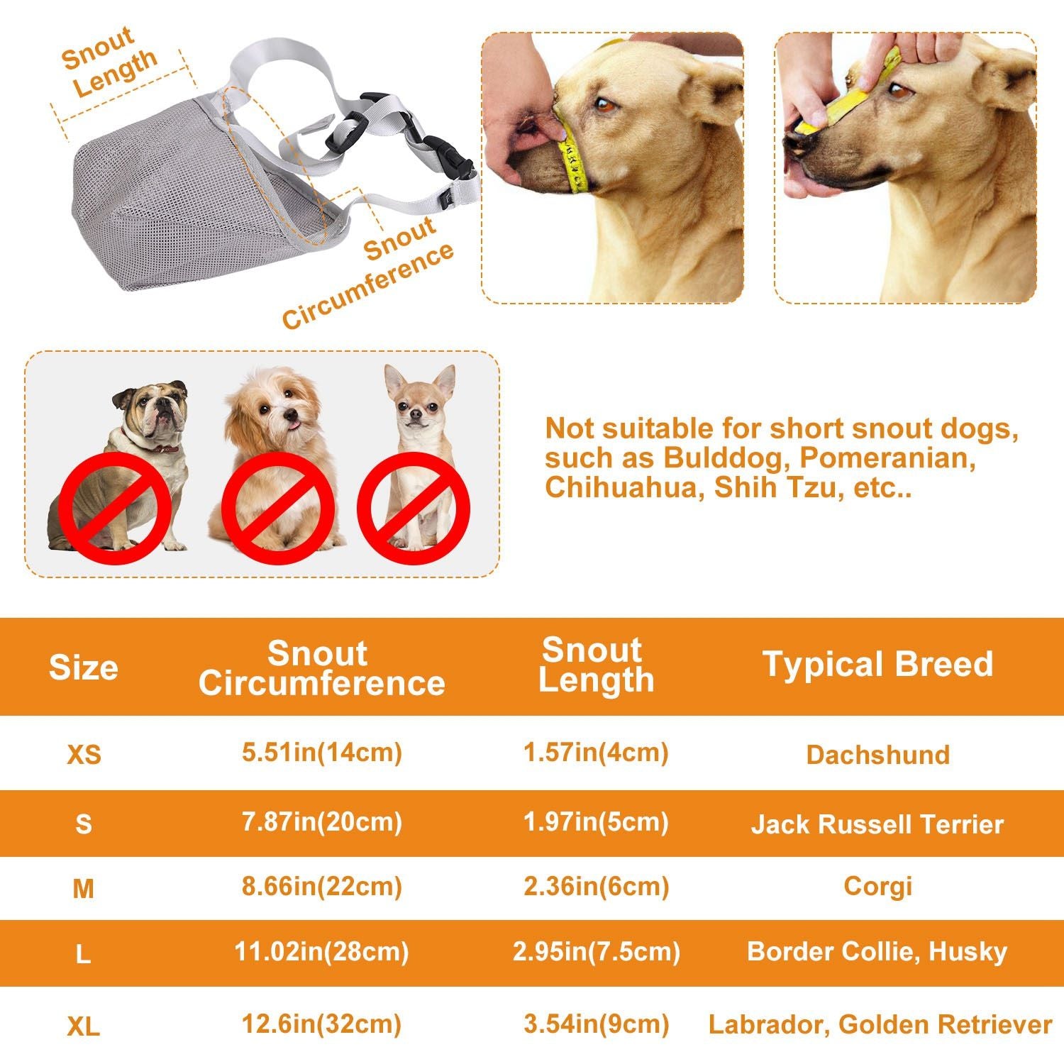 Detailed size and breed recommendation table with snout length and circumference for XS to XL muzzles