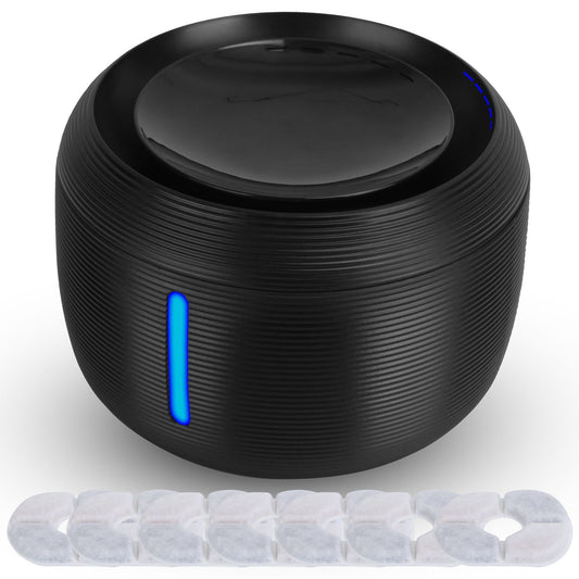 Black ribbed pet water fountain with blue LED and seven replacement filters displayed