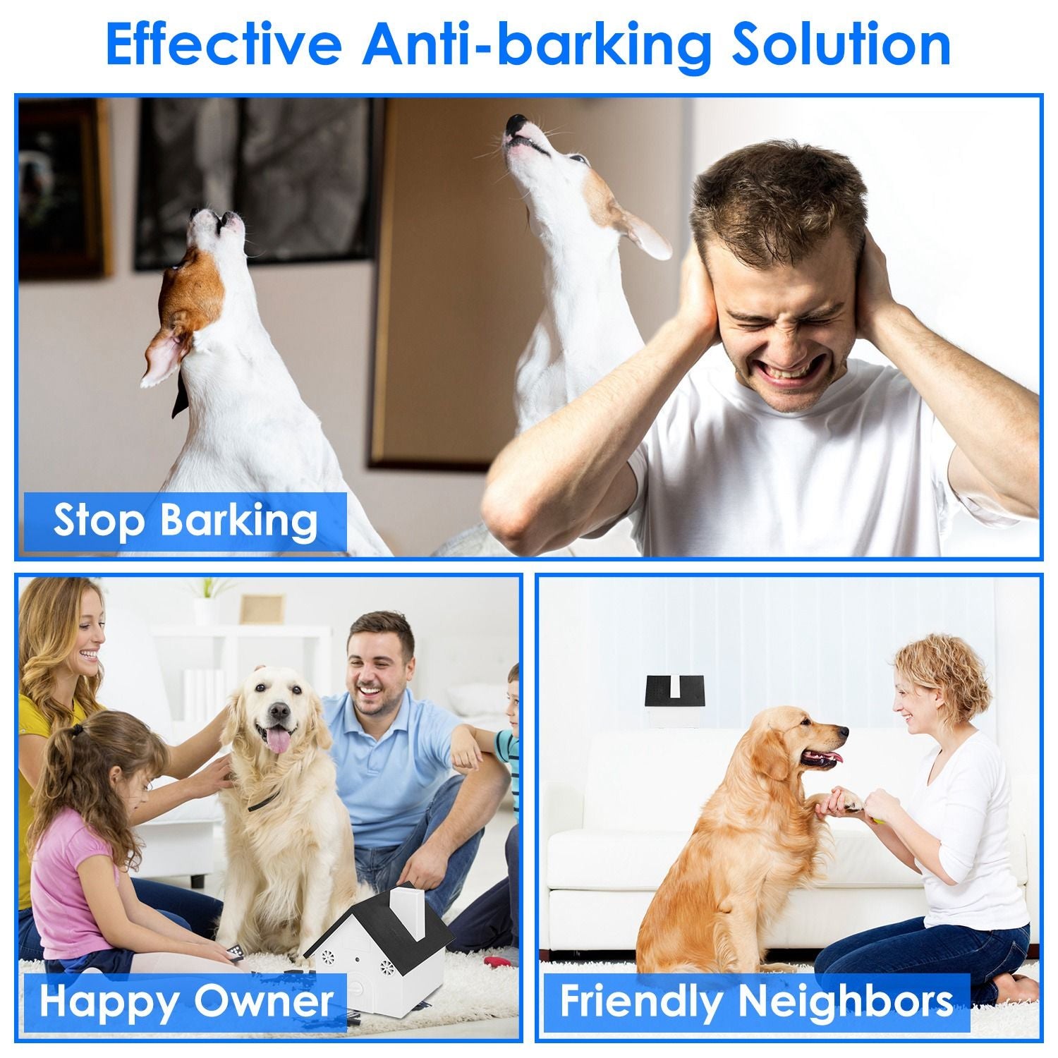 Collage of dogs and owners using the device showing stop barking and happier home and neighbor scenes