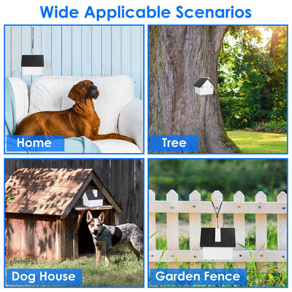 Four-panel grid showing device mounted at home, on a tree, on a dog house and on a garden fence