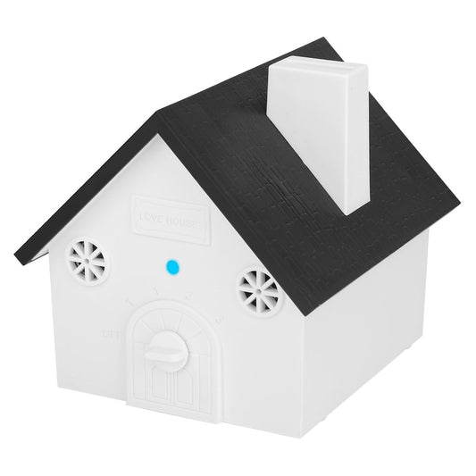 White house-shaped ultrasonic anti-barking device with black roof, front control knob and two speaker grills