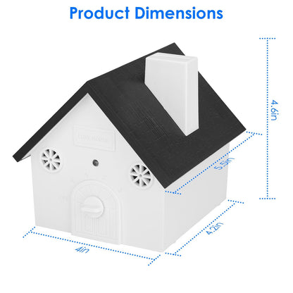 House-shaped ultrasonic device with dotted lines showing approximate dimensions 4 x 4.2 x 4.6 inches
