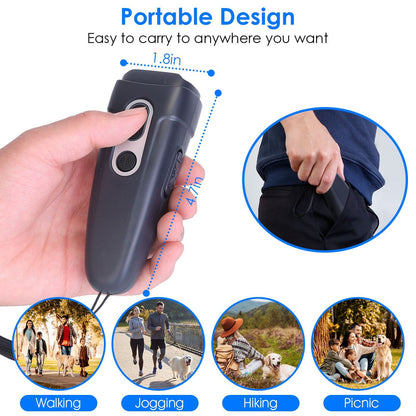 Hand-held view showing compact grey ultrasonic deterrent with wrist strap and pocketable size