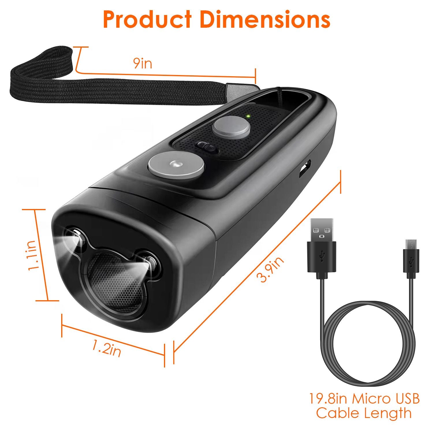 Product dimension graphic showing handheld anti-bark device size, 3.9×1.2×1.1 in and 9 in lanyard