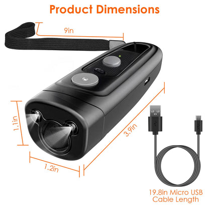 Product dimension graphic showing handheld anti-bark device size, 3.9×1.2×1.1 in and 9 in lanyard