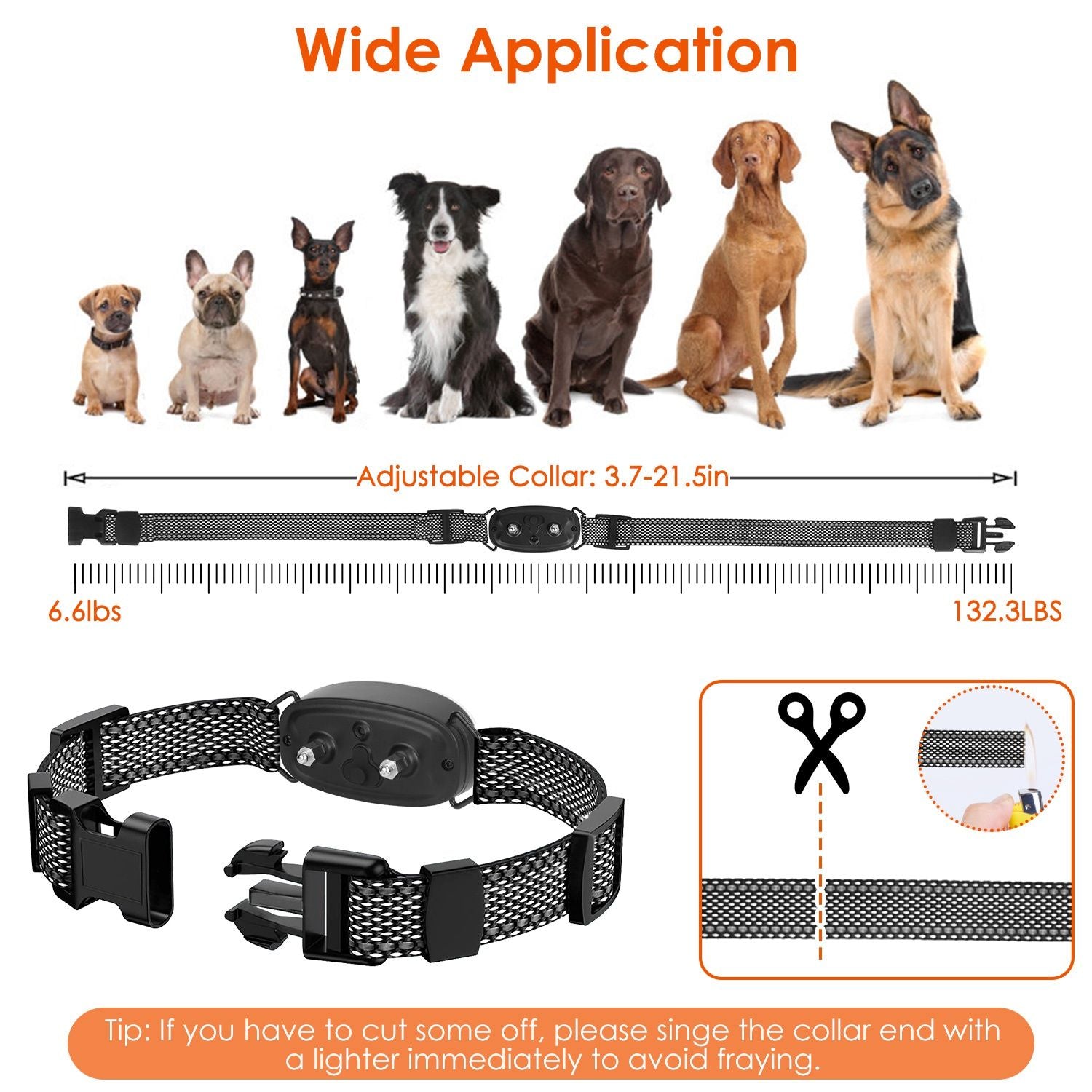 Adjustable mesh collar shown with scale 3.7–21.5 in for small to large dogs plus trimming tip