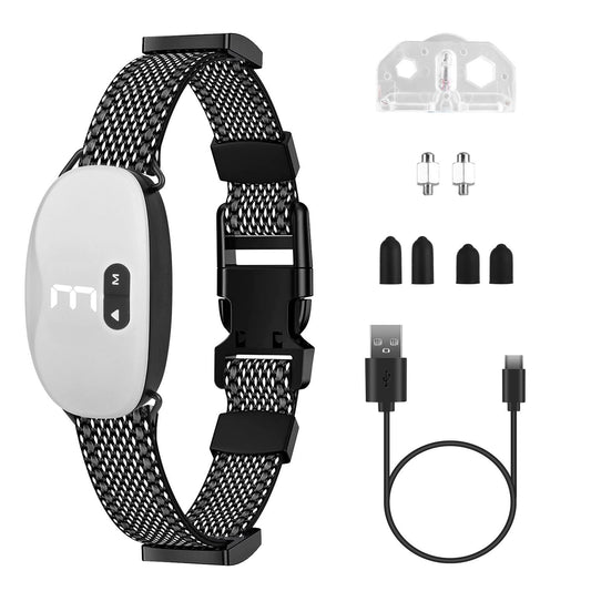 White oval rechargeable dog training collar on black mesh strap with USB cable and spare conductive caps