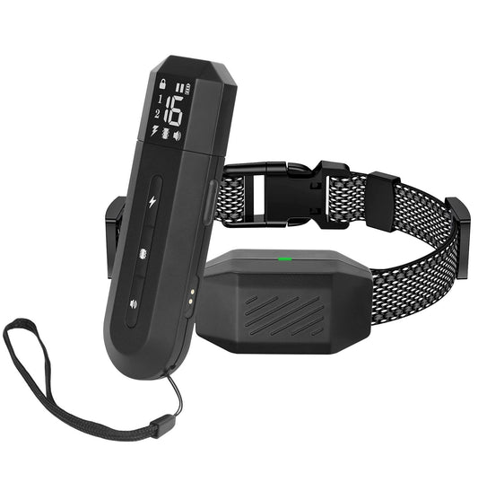 Black training remote with LCD and matching receiver collar on white background