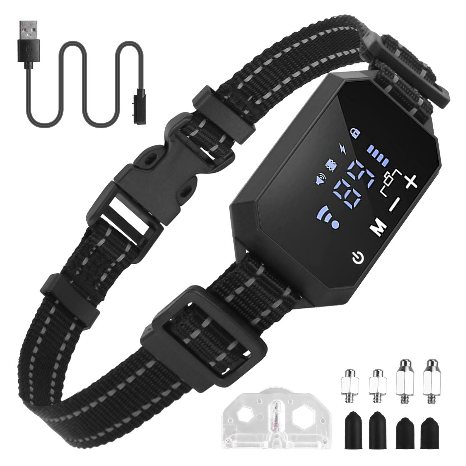 Black GPS receiver collar with magnetic USB charging cable and spare contact caps and contact studs