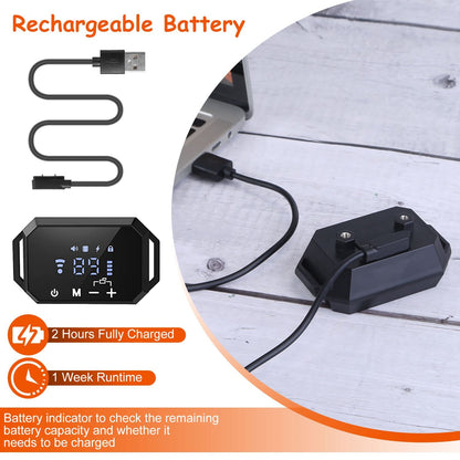 Magnetic charging cable plugged into the receiver base with callouts for two-hour full charge and one-week runtime