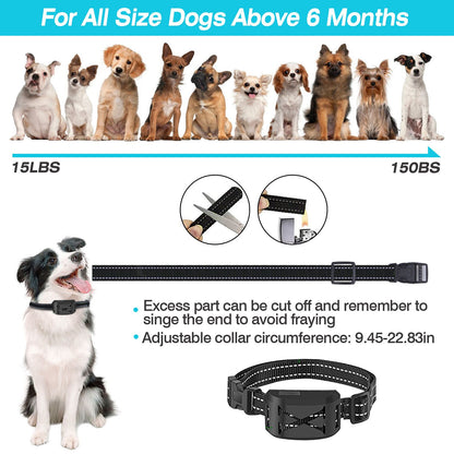 collar size guide showing various dog breeds adjustable strap and instructions to trim excess