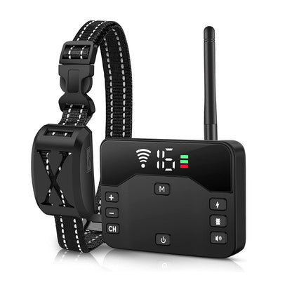transmitter with antenna and receiver collar module showing display buttons and adjustable woven strap