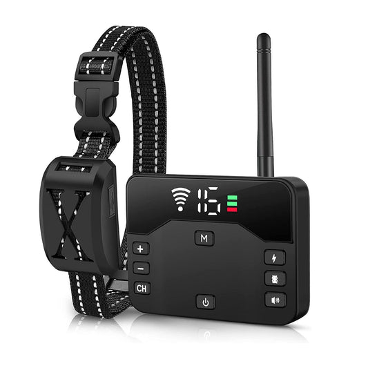 transmitter with antenna and receiver collar module showing display buttons and adjustable woven strap