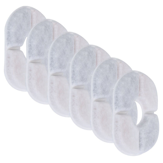 Six white donut-shaped pet fountain replacement filters stacked in a fan arrangement