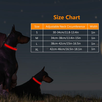 Size chart for LED dog collar with S M L XL measurements and 1 inch width