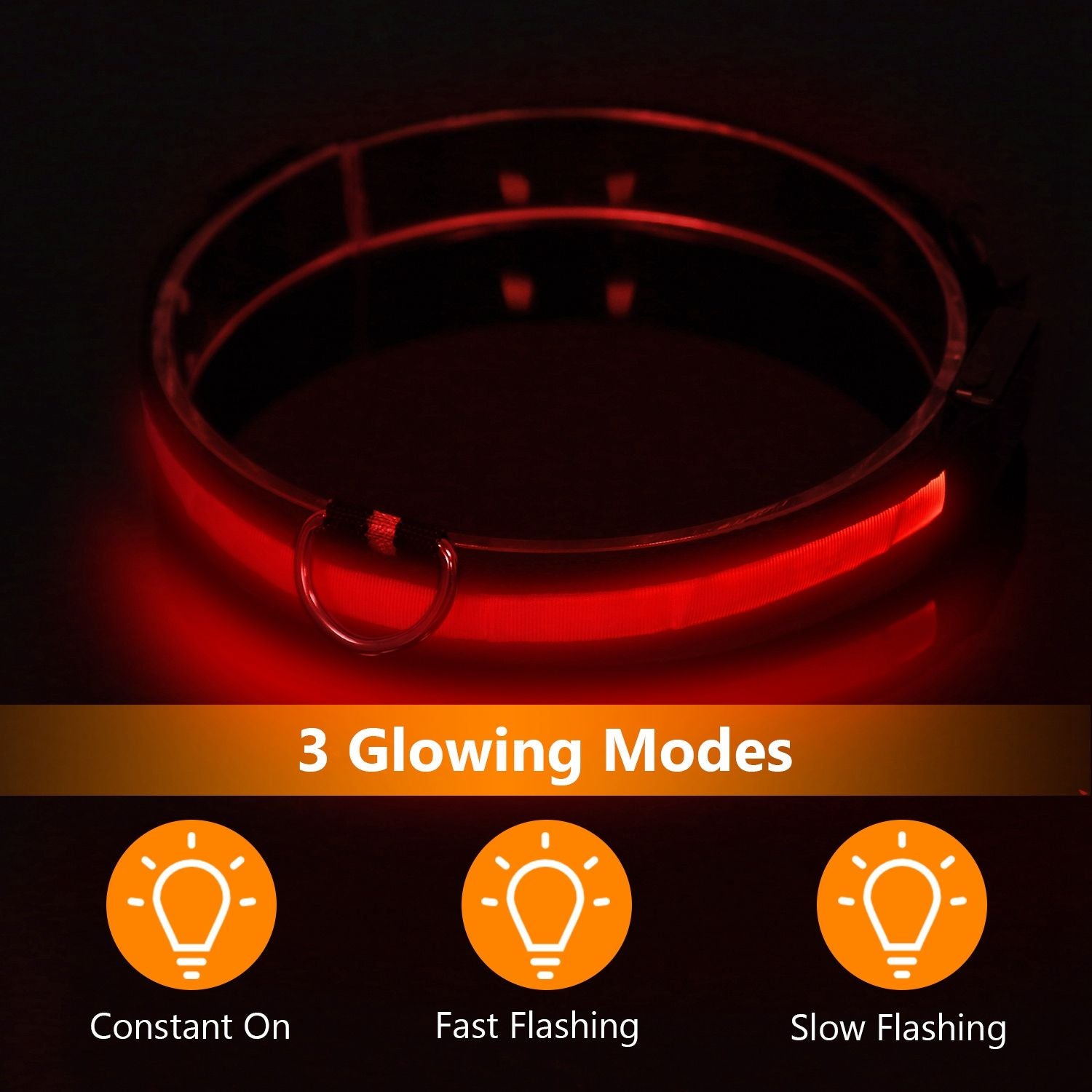 Red LED dog collar glowing in dark showing bright steady illumination and D-ring