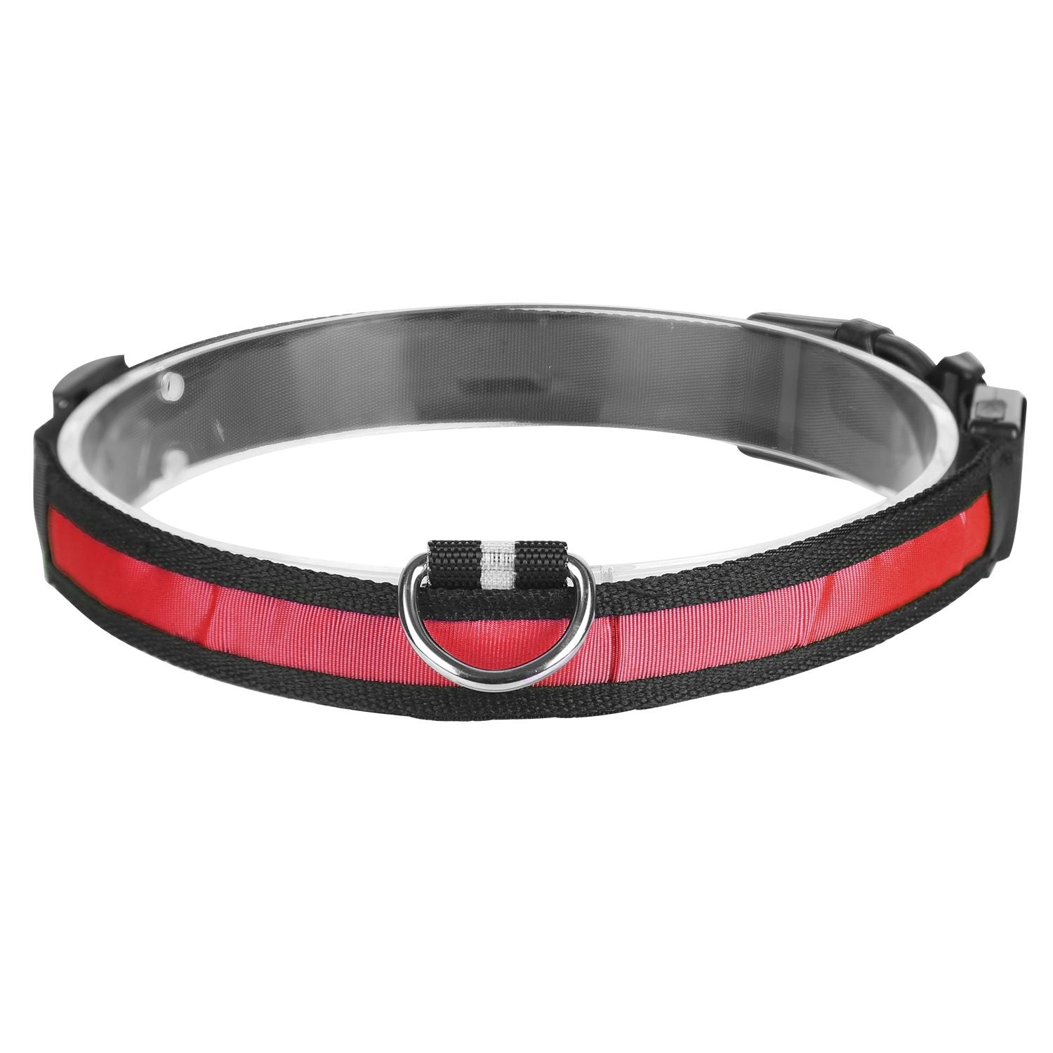 Top-down view of red LED dog collar showing translucent inner tube, red light strip and D-ring