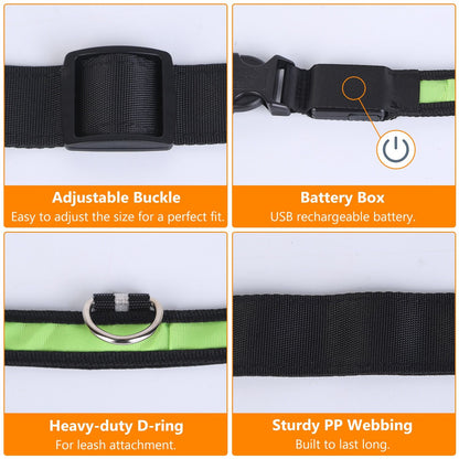 Close-up feature images of collar buckle, USB battery box, D-ring and PP webbing