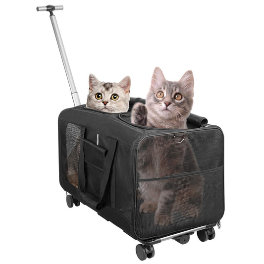 Black double-compartment rolling pet carrier with telescopic handle and two cats visible through mesh