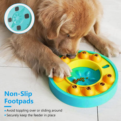 Close view of dog paw interacting with feeder highlighting anti-slip footpads and pushable granaries