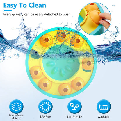Feeder partially submerged to illustrate easy-to-clean, detachable granaries and washable, food-grade construction