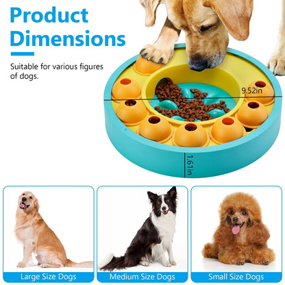 Dimensions graphic showing 9.52 inch diameter and 1.61 inch height with recommended dog sizes